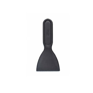 May include: A black spatula with a serrated edge and a handle. The handle has a rounded top and a small inscription. The spatula's blade is wide and triangular, suitable for scraping and spreading.