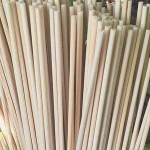 May include: A bundle of natural, unpainted wooden dowels. The dowels are smooth and have a light brown colour.