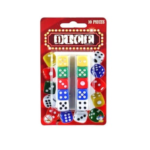 May include: A pack of ten multi-coloured dice, including red, green, yellow, blue, and white. The dice are arranged in two columns, each die displaying a different number of spots. The package features the word "DICE" in a marquee-style font.