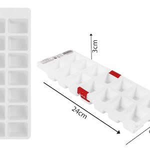 May include: White plastic ice cube tray with 12 individual compartments. The tray measures 9cm by 3cm by 24cm.