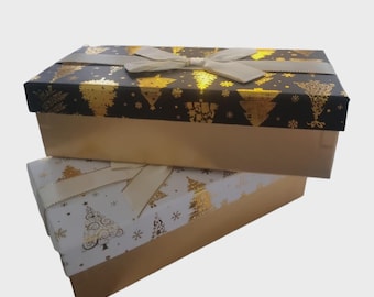 Large Long Christmas Gift Box With Lid Ribbon Xmas Present Gold Rectangle 22cm