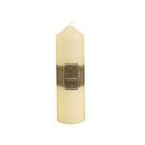 May include: A tall, cream-colored pillar candle with a brown label that says "150 Hours Burn Time".