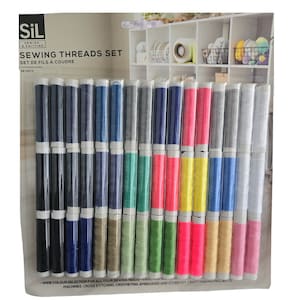 May include: A set of 24 sewing threads in a variety of colours, including black, blue, green, red, yellow, and grey. The threads are packaged in clear plastic spools and labelled "SIL Sewing Threads Set".