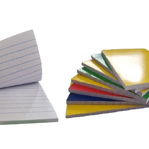 May include: A stack of small, lined notebooks with colourful covers. The notebooks are arranged in a rainbow pattern, with yellow, green, blue, red, and yellow covers. The notebooks are made of a sturdy cardboard material and have a glossy finish.