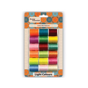 May include: A pack of 12 cotton sewing thread spools in a variety of light colours. The pack is labelled "Sewing Essentials Cotton Reel Selection" and "Light Colours".
