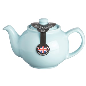 K&ouml;nnte beinhalten: Hellblaue Keramik-Teekanne mit rundem Korpus, Ausguss und Henkel. Die Teekanne hat einen Deckel und ein Etikett mit der Aufschrift "Price & Kensington" und "Designed in Great Britain". Es ist eine 2-Tassen-Teekanne, ca. 450 ml.