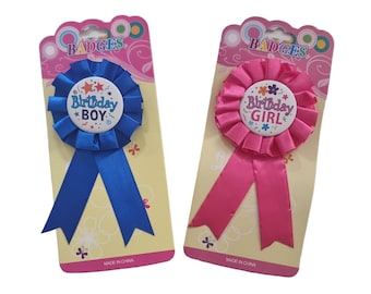 Birthday Boy Girl Badge Rosette Children's Party Badges With Ribbon Pink Blue