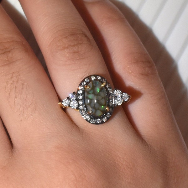 Natural Black Opal Ring,Honey Comb Opal,Opal Statement Ring,Black Opal Ring,Oval Shape Ring,925 Silver Opal Ring,October Birthstone