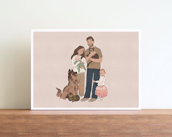 Ilustración de retrato personalizado de cuerpo entero: dibujo de retrato familiar