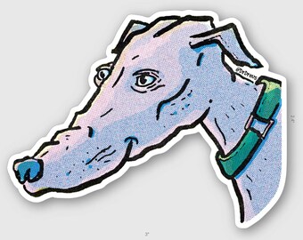 Wise old Greyhound dog sticker — 3" x 2.4"