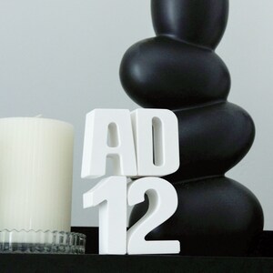 May include: White ceramic letters spelling "AD 12" in front of a black ceramic vase with dried flowers.