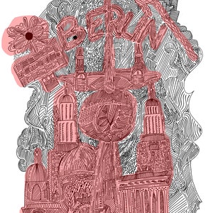 May include: A black and white line drawing of the Berlin skyline with the word "Berlin" written in red cursive. The drawing includes the Brandenburg Gate, the Reichstag Building, and the Berlin TV Tower.