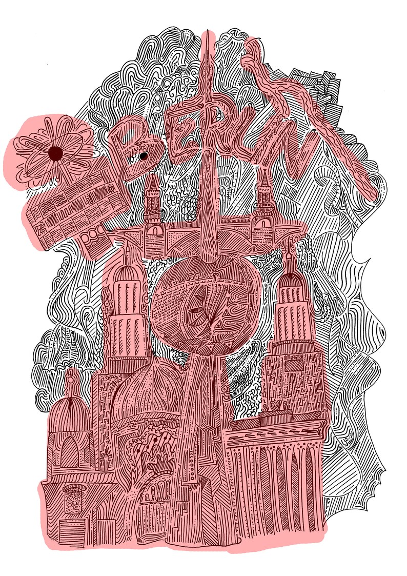 May include: A black and white line drawing of the Berlin skyline with the word "Berlin" written in red cursive. The drawing includes the Brandenburg Gate, the Reichstag Building, and the Berlin TV Tower.