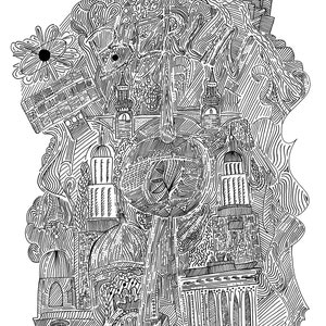 May include: Black and white line drawing of a city skyline with intricate details. The drawing features buildings, towers, and other architectural elements. The style is reminiscent of a doodle or sketch.
