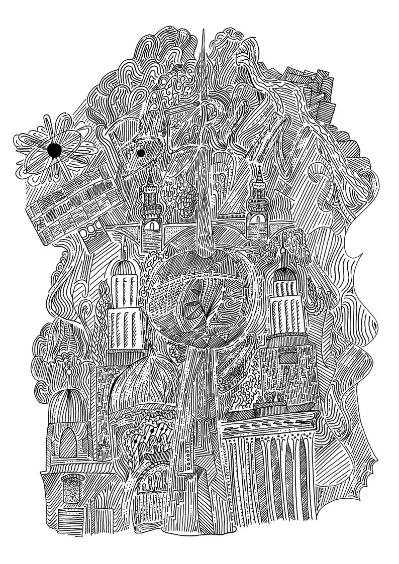 May include: Black and white line drawing of a city skyline with intricate details. The drawing features buildings, towers, and other architectural elements. The style is reminiscent of a doodle or sketch.