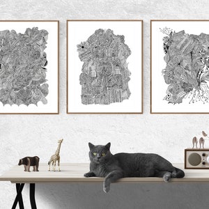 Conjunto de carteles de 3 x A3 carteles abstractos línea Doodle arte decoración cartel conjunto de tres