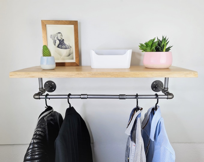 Premium wall coat rack/clothes rail with solid oak tree edge shelf in industrial design