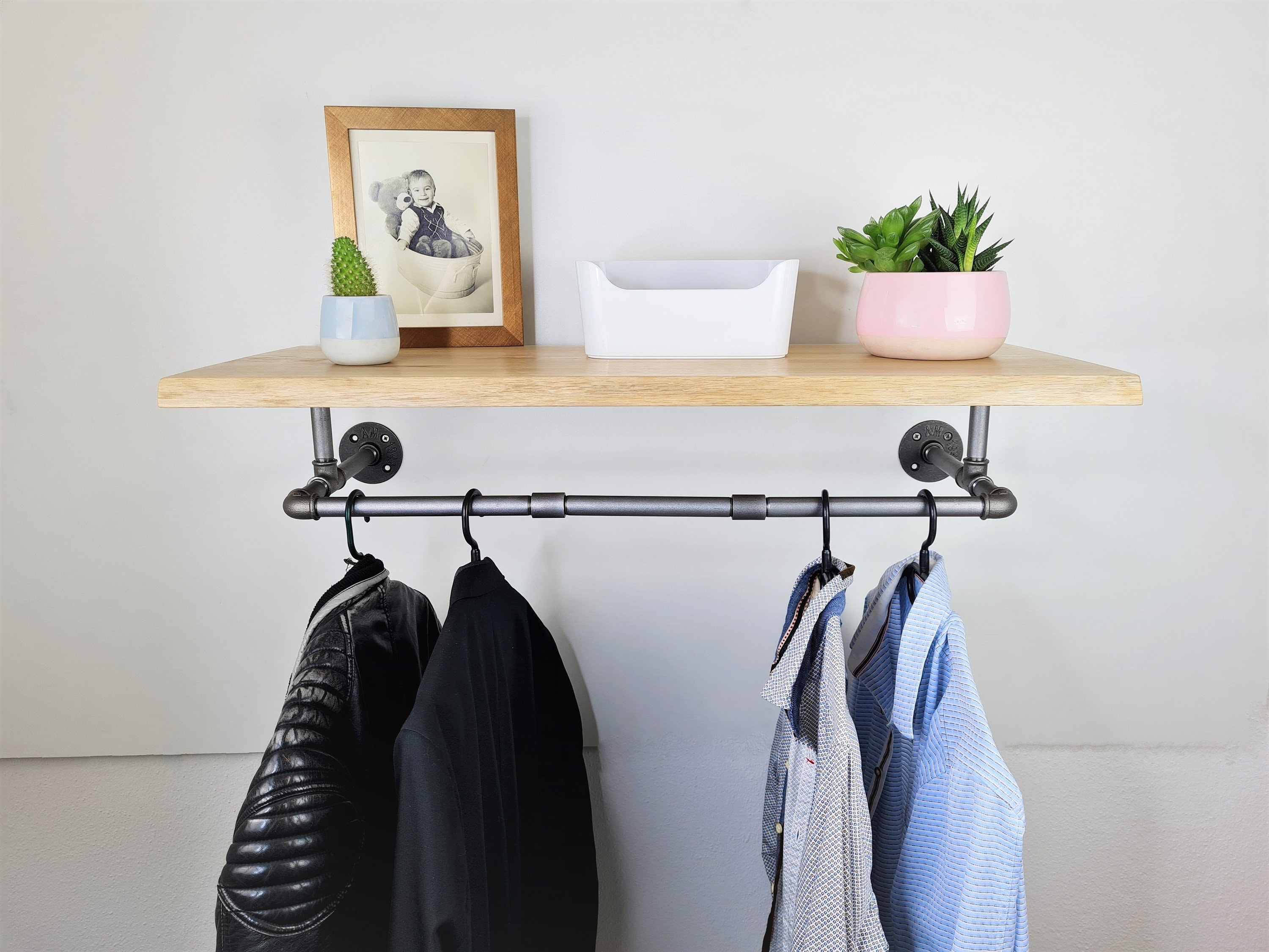 Premium wall coat rack clothes rail with solid oak tree edge shelf