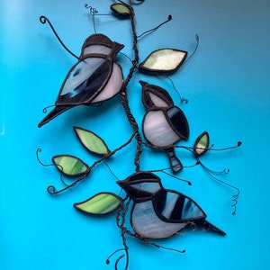 Chickadees on a Branch, Stained Glass Chickadees, Bird Wall Decor, Wire Sculpture