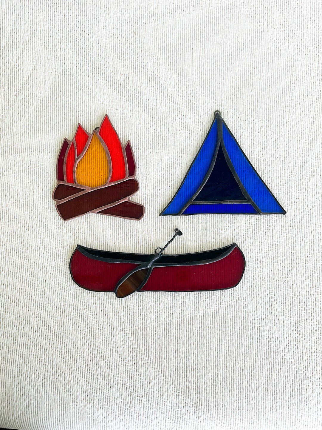 Camping Set of Three Suncatchers, Canoe, Tent, Campfire, Stained Glass