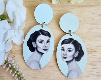 Audrey Hepburn Earrings | Mint, Black & White Wooden Jewelry | Plywood Art Earrings | Illustrated Wood Dangle Earrings | Classic Beauty