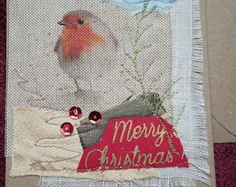 Seasonal greetings Christmas card, New Years, textile art scrap fabric card unique design free motion embroidery blank with white envelope