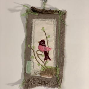 Textile art 3d bird Easter spring wall hanging decoration, cottage country style, handmade patchwork, bohemian, recycled fabric