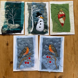 Handgemachte Weihnachtskarte, textile Kunst, not a print, Free Motion Stickerei auf Stoff, Jahreszeitengrüße, Blankokarten mit Umschlägen