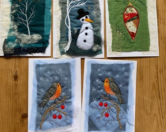 Handmade Christmas card, textile art, not a print, free motion embroidery on fabric, seasonal greetings, blank cards with envelopes