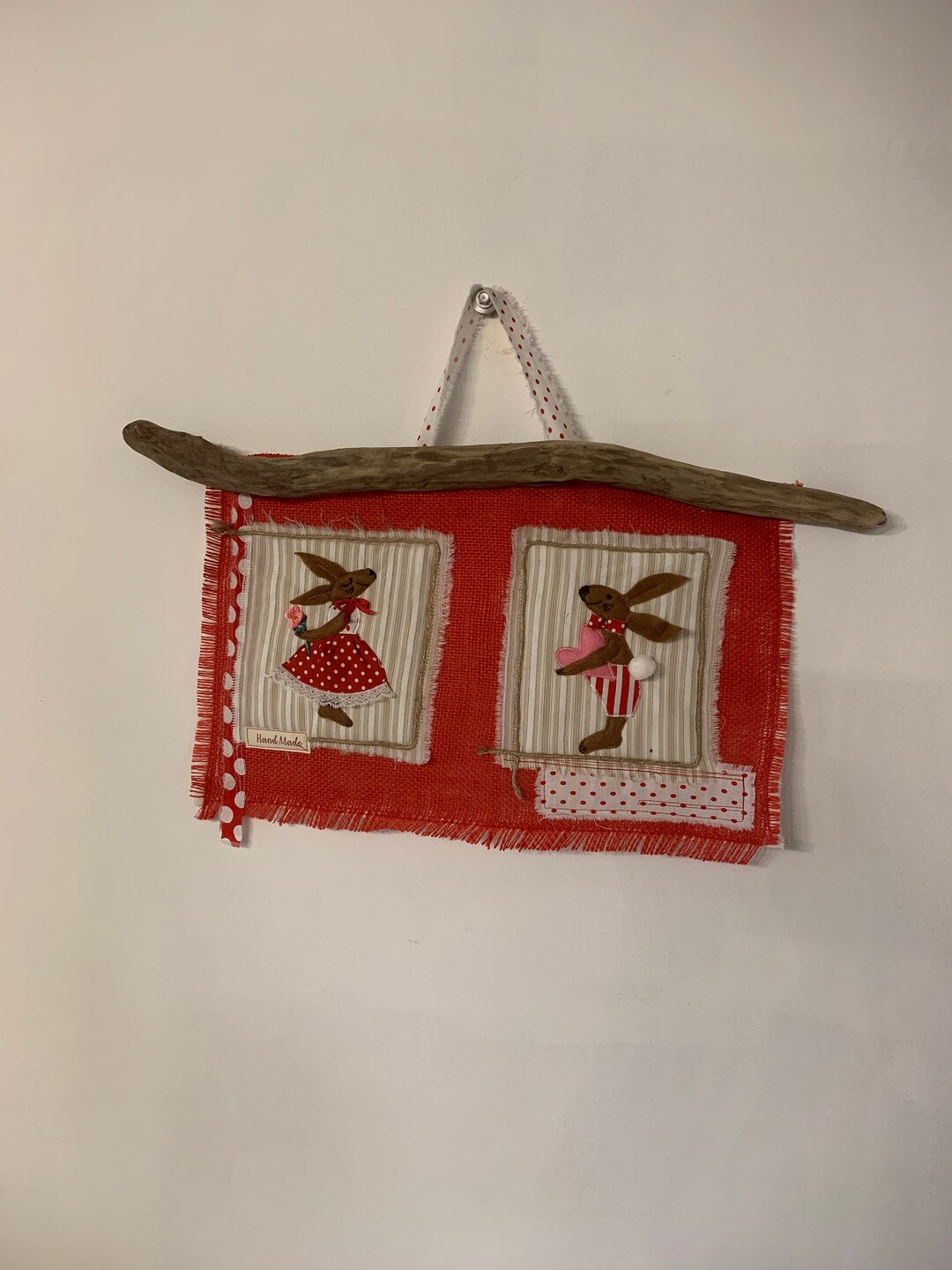 Handmade Bunny Textile Art Wall Hanging: Recycled Fabric & Driftwood - Etsy