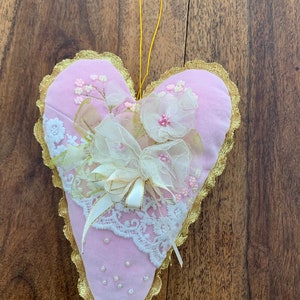 Handmade fabric heart decoration embellished with beads and lace shabby chic vintage style wedding christening