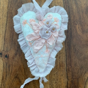 Handmade fabric heart decoration embellished with beads shabby chic vintage style wedding christening