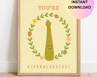 Sei un'opera d'arte murale stampabile "Sei un asparago" - Gioco di parole con verdure ispirato a Jellycat - Graziosa decorazione per la cameretta o la cucina - Download immediato di PDF in formato A3 A4