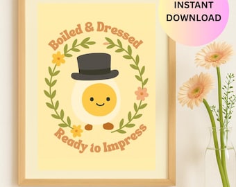 Uovo dello sposo bollito e vestito, stampabile – Poster di cibo carino ispirato a Jellycat – Stampa divertente da parete per cameretta o cucina – Download immediato in formato A3/A4