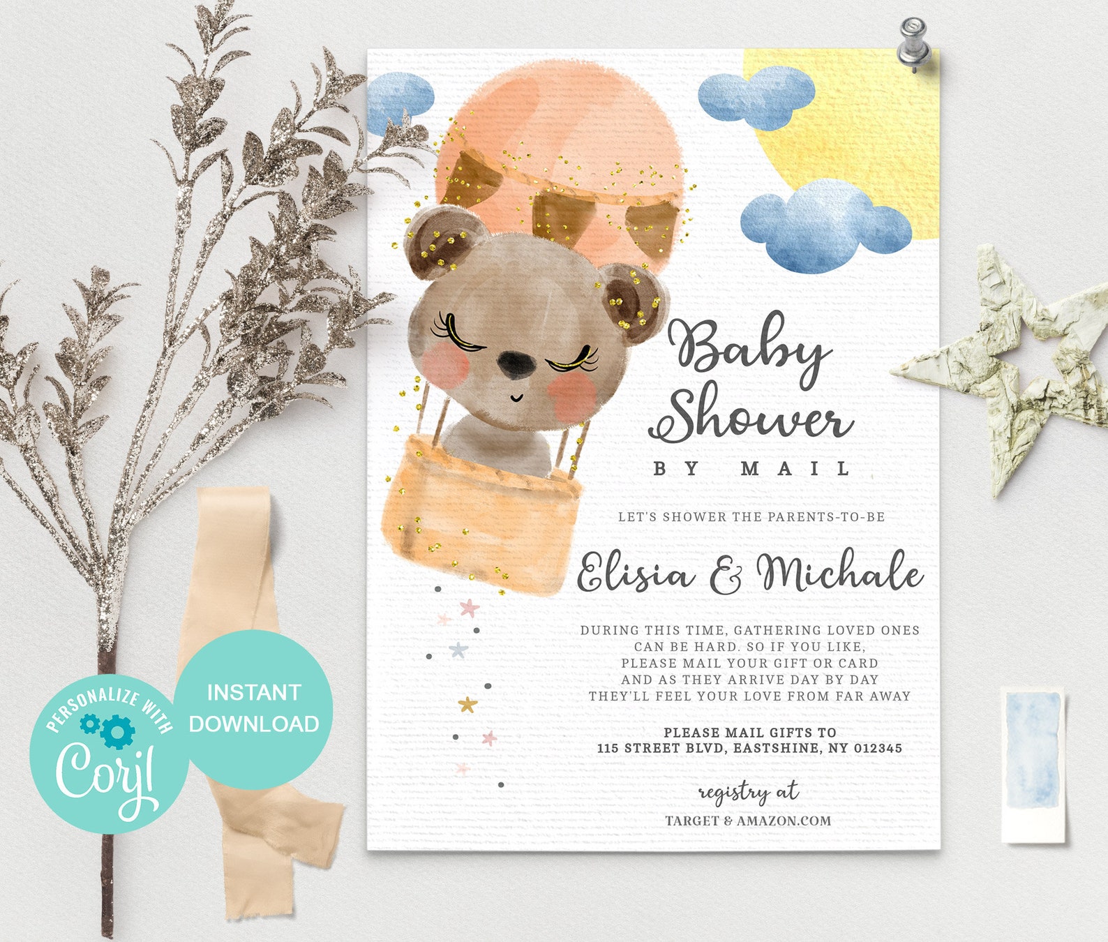 Bear baby shower by mail invitation Editable Bear mail in Etsy