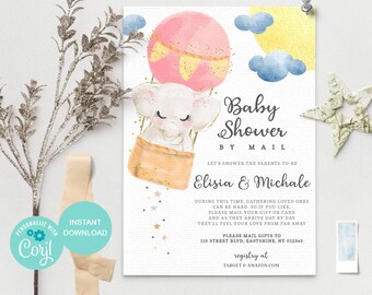 Elephant baby shower by mail invitation, Long Distance Virtual baby shower elephant, Editable Mail in Elephant baby shower invite, 3643 AB1