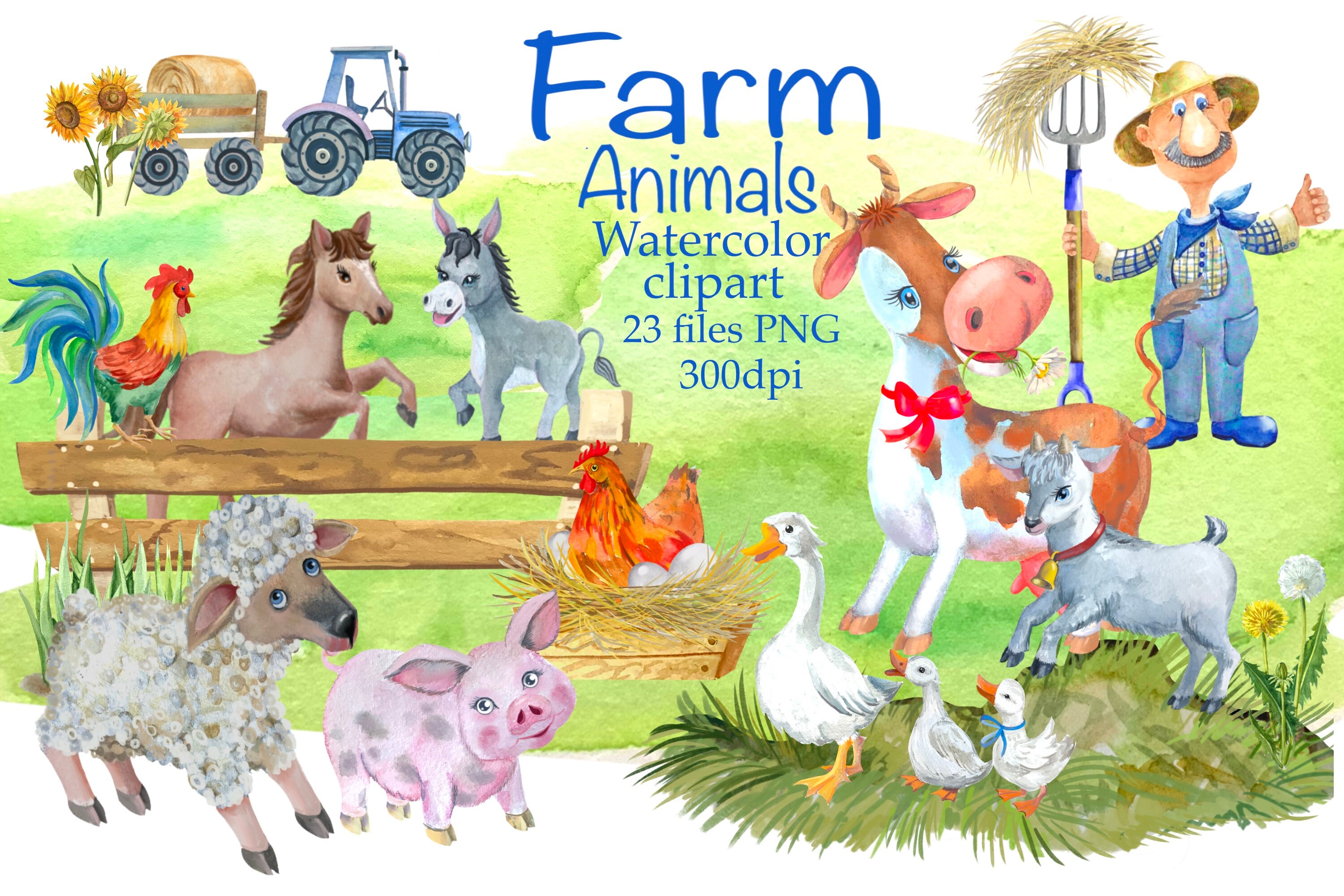 Farm funny animals.Watercolor clipart with pets and Etsy