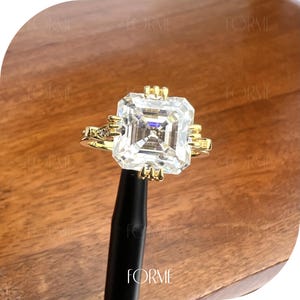 5.5 CT Asscher Lab Grown Diamond Engagement Ring: 925 Silver, White Gold Finish