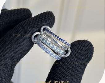Interlocking Multi Band Ring, Lab Blue Sapphire, Aquamarine Topaz, White Gold Ring
