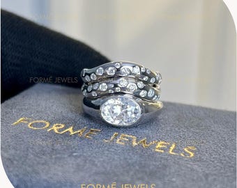 3 Piece Oval Flush Bridal Set, Modern Chunky Engagement Ring Stack, Moissanite Wedding Band