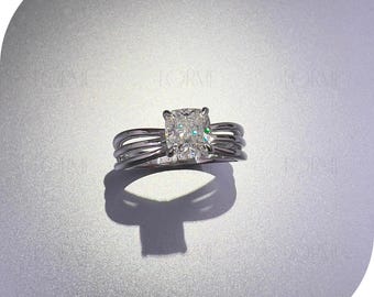 Anello multifascia con diamante da laboratorio a cuscino IGI da 1,2 ct: anello moderno in oro bianco