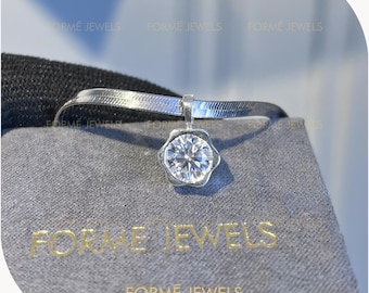 2 CT Round Moissanite Flower Bezel Pendant, Dainty Scalloped Solitaire Necklace White Gold