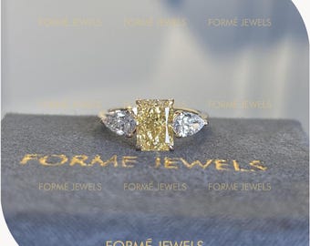 2 CT Radiant Yellow Lab Diamond Engagement Ring, Three Stone Ring