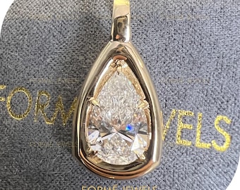 3.5 Carat Pear Lab Diamond Bezel Set Pendant, 14k Gold Teardrop Solitaire, Modern Jewelry