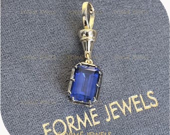 5 CT Oval Blue Lab Grown Sapphire Pendant: 14K Yellow Gold, Blackened Georgian Collet