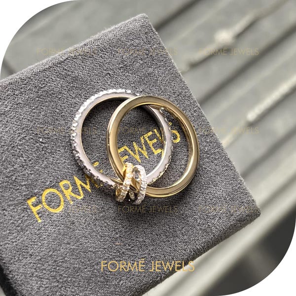Two Tone Linked Band Ring : Minimalist Diamond Eternity Stacking Ring, Modern Fine Jewelry