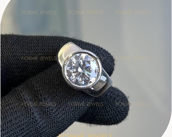 5 CT Round Brilliant Moissanite Diamond Bezel Set Ring : White Solid Gold Chunky Solitaire