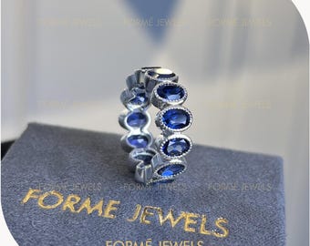 Oval Lab Blue Sapphire Eternity Band, Milgrain Bezel Wedding Ring, Vintage Art Deco Stackable