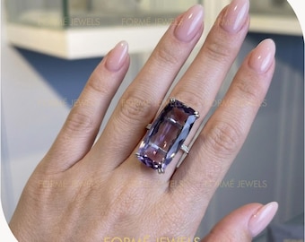 24 CT Elongated Amethyst Statement Ring, Unique Large Purple Gemstone Chunky Prom Ring
