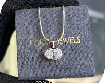 3 Carat Horizontal Oval Bezel Moissanite Pendant, 14k Yellow Gold East-West Solitaire Necklace Charm